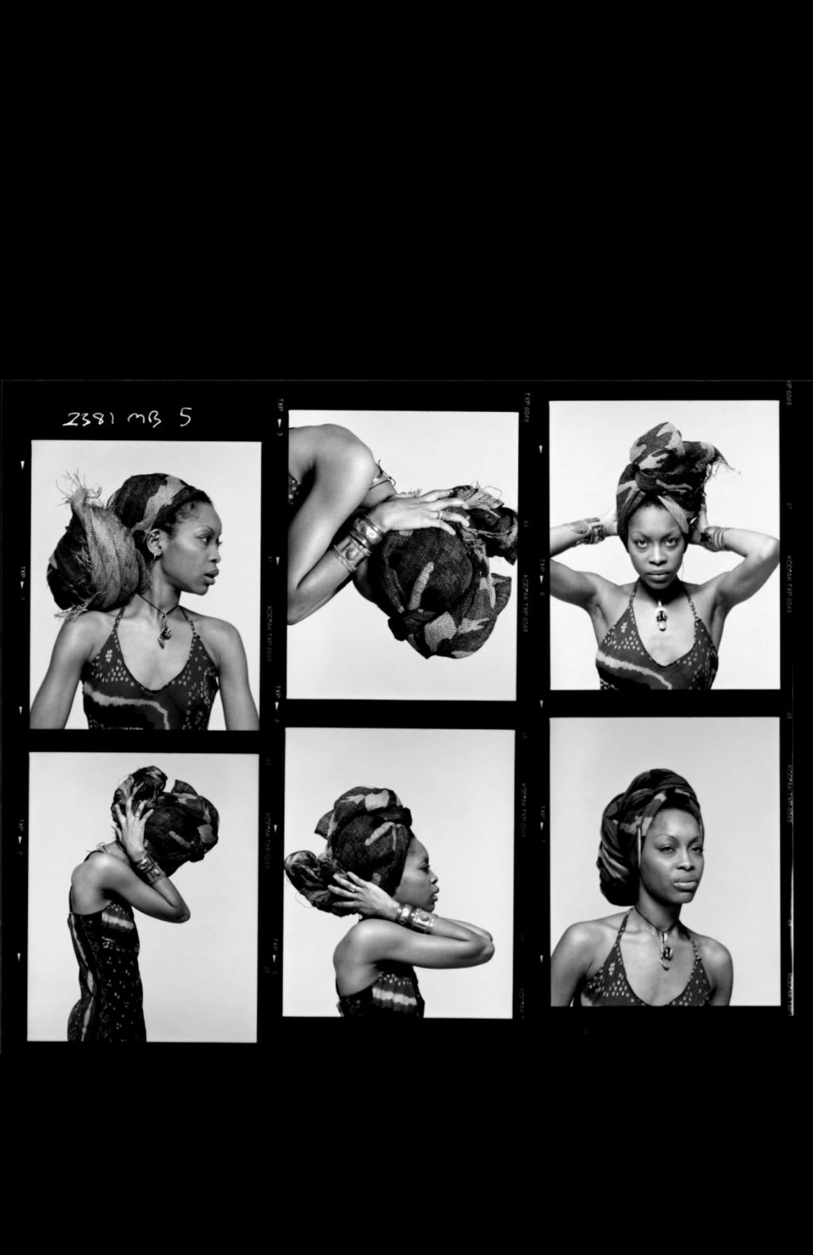 Black and white contact sheet showing six portraits of Erykah Badu in various poses with different head wraps, from her 1997 Baduizm era